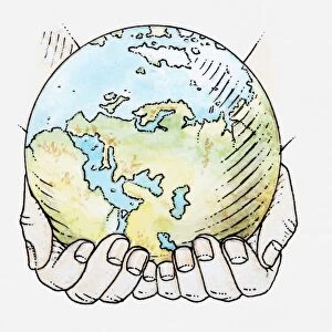 Illustration of hands holding globe