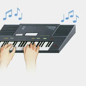 Illustration of hands on synthesizer keyboard