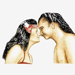 Illustration of Hawaiian couple kissing by touching noses