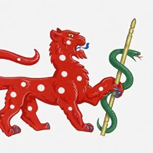 Illustration of heraldic symbol of red spotted lion holding green snake representing courage