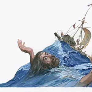 Illustration of Herman Watzinger almost drowning in rough sea near Kon-Tiki raft