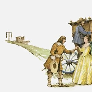 Illustration of highwayman Claude Duval greeting female passenger as men attack carriage