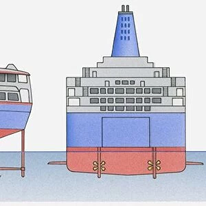 Illustration of hydrofoil, car ferry and hovercraft, the latter also showing the mechanism of the fan, air movement and propeller