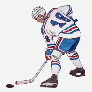 Illustration of ice hockey player wearing protective clothing, holding hockey stick near puck