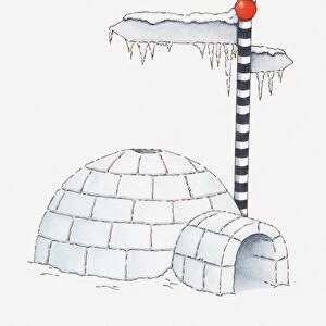 Illustration of igloo and a direction sign