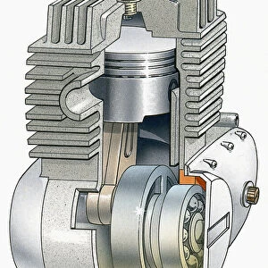 Illustration of internal combustion engine with cross section showing piston and crank