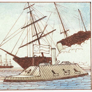 Illustration of iron ship and flagship at sea during American Civil War