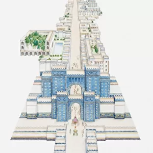 Illustration of Ishtar Gate and other buildings along Processional Way in ancient city of Babylon