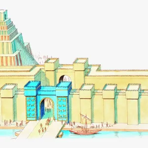 Illustration of Ishtar Gate and Ziggurat in ancient city of Babylon