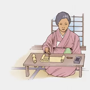 Illustration of Japanese woman writing with ink pen on scroll