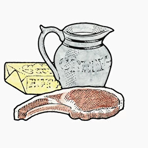 Illustration of jug of fresh cream, raw pork chop and packet of butter