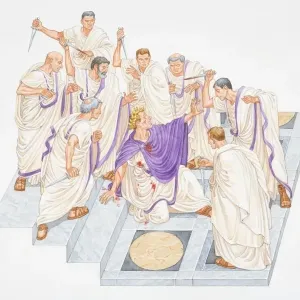 Illustration, Julius Caesar collapsed, wounded, amidst group of Romans brandishing daggers Illustration, Julius Caesar collapsed, wounded, amidst group of Romans brandishing daggers