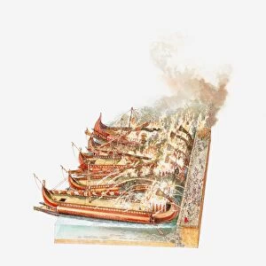 Illustration of Julius Caesar setting fire to Egyptian ships moored in the Great Harbour, Alexandria