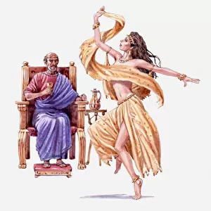 Illustration of King Herod on throne watching Salome dance, Gospel of Matthew