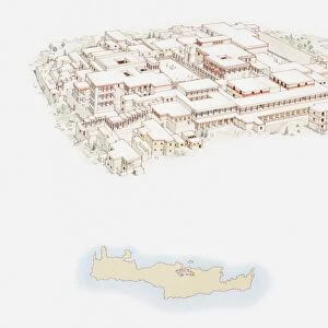 Illustration of Knossos Palace and simple map of Crete