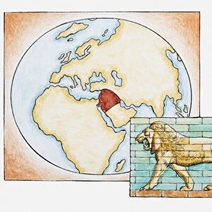 Illustration of lion in front of map highlighting territory of ancient Babylon