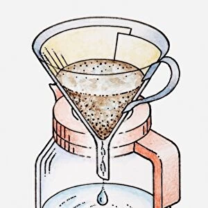 Illustration of liquid dripping through coffee filter in funnel