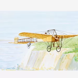 Illustration of Louis Bleriot in his aircraft Bleriot XI, crossing the English Channel, 1909