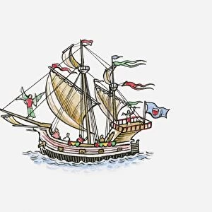 Illustration of Magellans carrack sailing ship Victoria