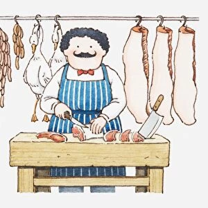 Illustration of a man in butchers shop chopping meat