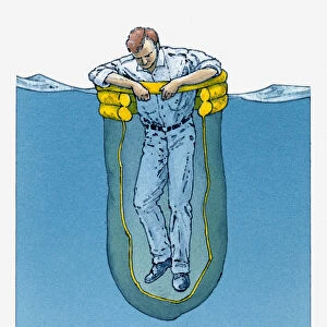 Illustration of a man inside a shark screen bag entering water