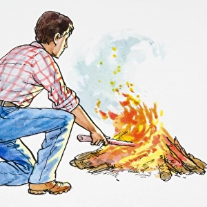 Illustration of man kneeing down to stoke bonfire with stick