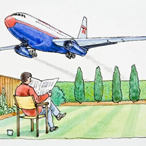 Illustration of man sitting in chair on lawn in garden reading newspaper as commercial airliner flies low above