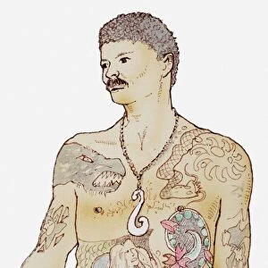 Illustration of man with his tattoos covering his body