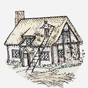 Illustration of man thatching cottage roof