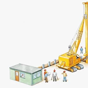 Illustration of man using pile driver on construction site