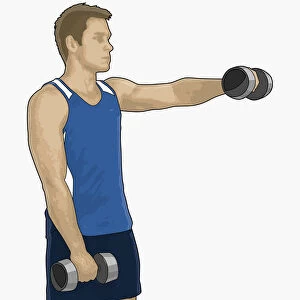Illustration of man weight training with dumbbells