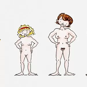 Illustration of a man, a women and children in the nude, front view