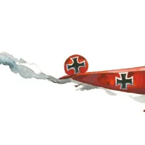 Illustration of Manfred von Richthofens bright red Fokker Dr. I triplane falling from sky