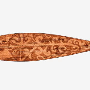 Illustration of Maori decorated wooden paddle, New Zealand