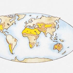 Illustration, map of the world showing desert regions (yellow) and regions in danger of desertification (orange)