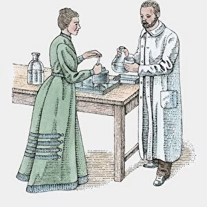 Illustration of Marie and Pierre Curie standing at workbench in laboratory