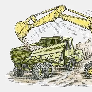 Illustration of mechanical digger loading rubble in dumper truck