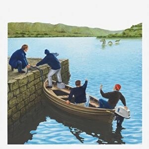 Illustration of men in boat and at waters edge pointing at the Loch Ness Monster