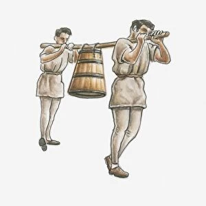 Illustration of two men carrying barrel using a yoke