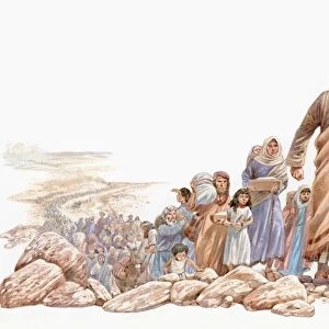 Illustration of Moses leading Hebrews Eastward on journey to Canaan
