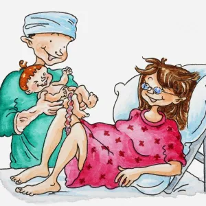 Illustration of mother and newborn baby with umbilical cord still attached, baby being held by nurse