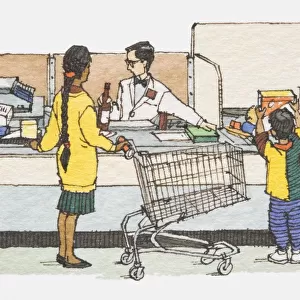 Illustration, mother and son standing at supermarket checkout counter with emptied trolley
