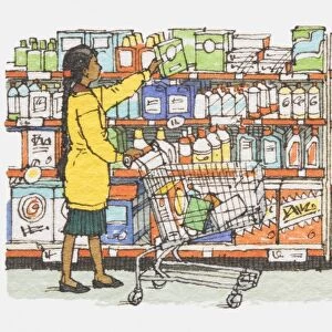 Illustration, mother and son standing in front of supermarket rack containing washing powders, cleaners and canned products