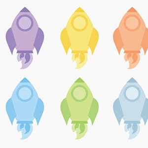 Illustration of multi coloured space rocket icons