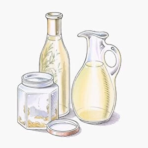 Illustration of mustard, herbs and olive oil for making salad dressing