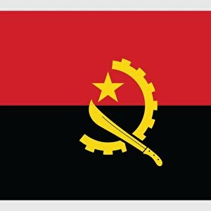 Illustration of national flag of Angola, with two horizontal red and black bands, and crossed cog wheel, machete, and gold star in center