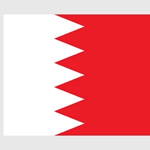 Illustration of national flag of Bahrain, with white band on left, separated from red field by five triangles in serrated line