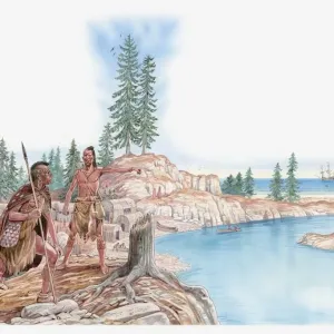 Raffigurazione di nativi americani che puntano con Pocahontas giovane in piedi dietro. Raffigurazione di nativi americani che puntano con Pocahontas giovane in piedi dietro.