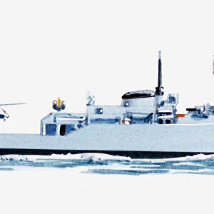 Illustration of naval frigate with helicopter landing on deck
