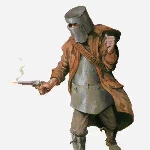 Illustration of Ned Kelly wearing home made armour and shooting handgun